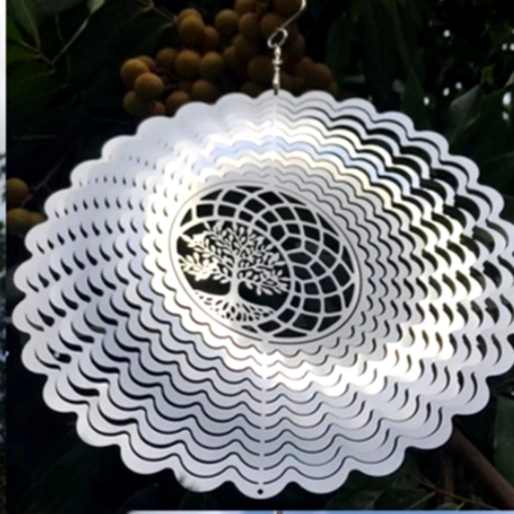 LARGE MIRROR LIKE STAINLESS STEEL Wind Spinner SILVER TREE OF LIFE